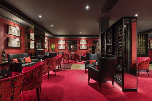 Custom-built wine shelves display fine regional vintages 1789 Wine Jazz Lounge 4MB JPEG SQTWN 7809